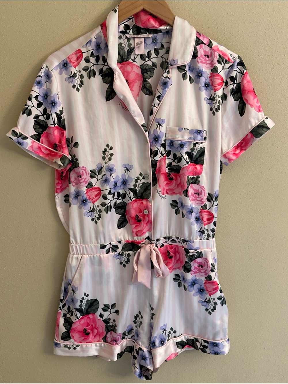 Victoria’s Secret Pajamas Satin Shorts Romper Pink Floral Striped Cottagecore